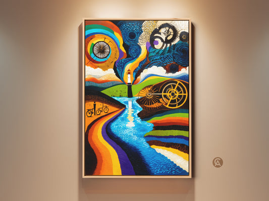 A framed abstract surreal art print showcases a lighthouse bicycle landscape. The rainbow orange and blue palette adds vibrancy. It's inspirational wall decor for a study room. Notice the intricate artwork.