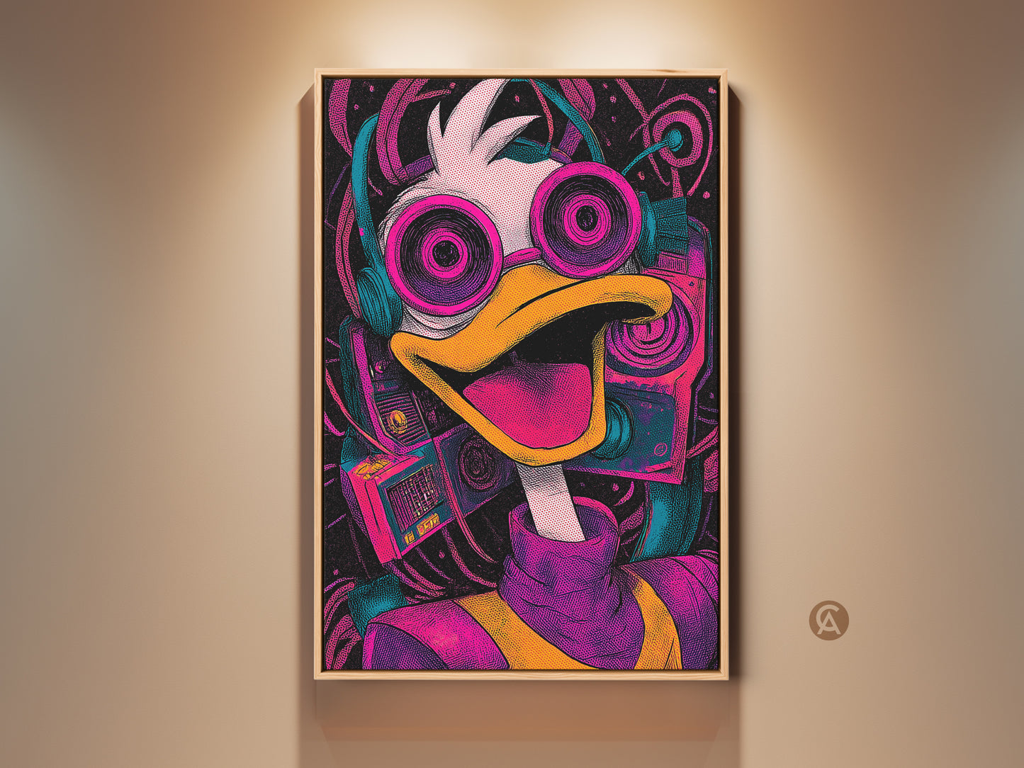 Framed Donald Duck art print. This wall art features a cartoon duck with headphones and a boombox. The colorful artwork has a wood frame and adds a playful vibe to any space.