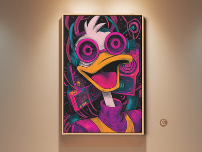Framed Donald Duck art print. This wall art features a cartoon duck with headphones and a boombox. The colorful artwork has a wood frame and adds a playful vibe to any space.