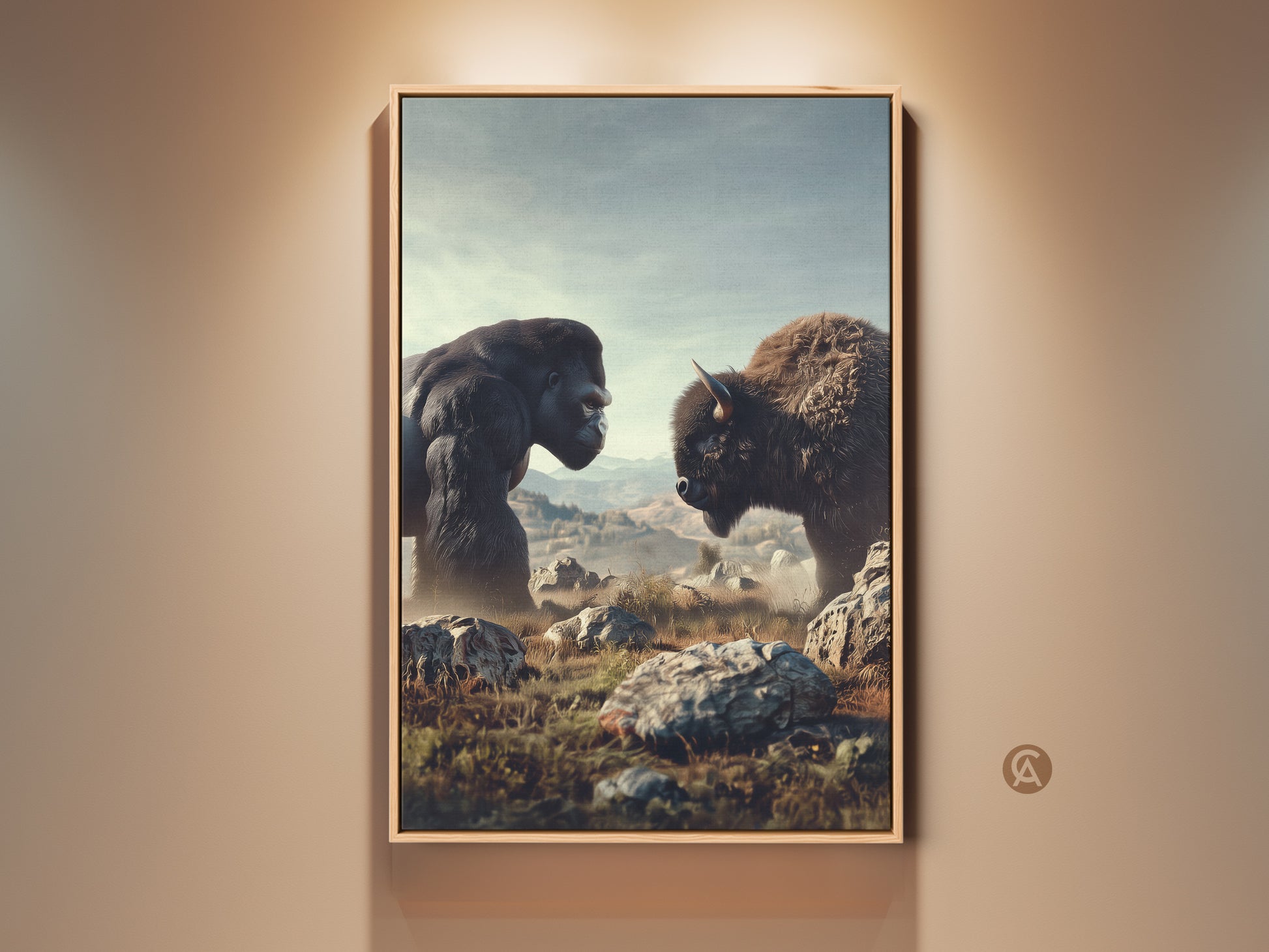 Gallery display of a framed Gorilla and Bison canvas. This wildlife artwork features a rustic scene in earth tones. The office decor brings nature indoors with a unique animal confrontation.