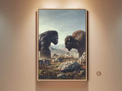 Gallery display of a framed Gorilla and Bison canvas. This wildlife artwork features a rustic scene in earth tones. The office decor brings nature indoors with a unique animal confrontation.