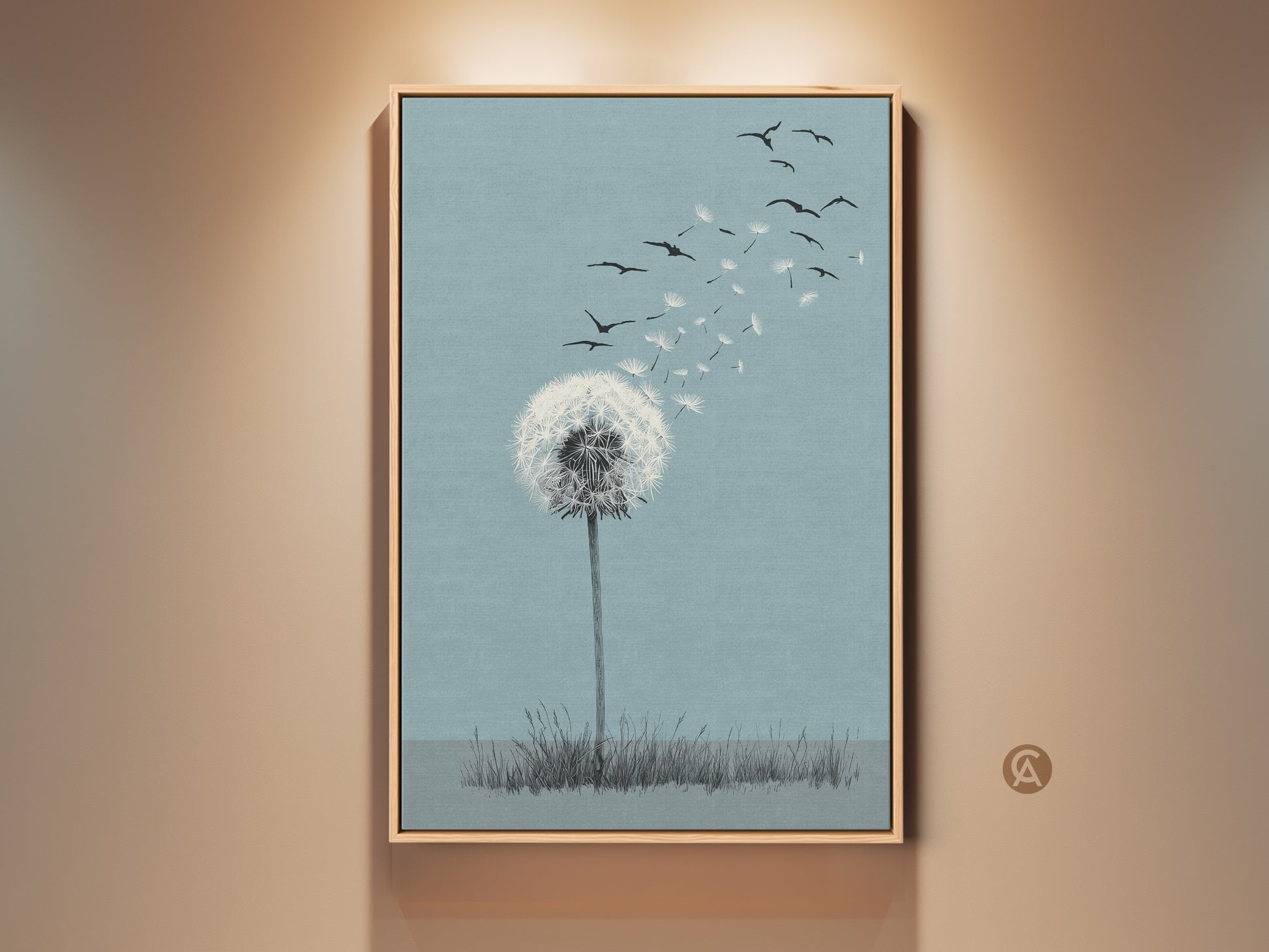 Minimalist dandelion seed art print for serene wall decor. A flock of birds accompany the dandelion seeds in this sky blue botanical canvas art. Perfect housewarming gift that adds a touch of nature to any room. This Scandinavian home art brings hope and dreams to your living space.