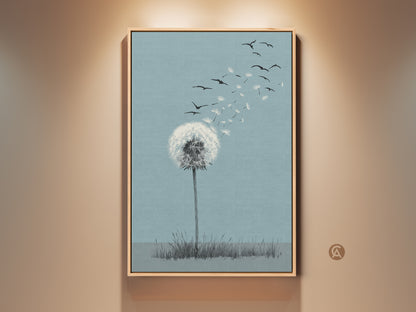 Minimalist dandelion seed art print for serene wall decor. A flock of birds accompany the dandelion seeds in this sky blue botanical canvas art. Perfect housewarming gift that adds a touch of nature to any room. This Scandinavian home art brings hope and dreams to your living space.