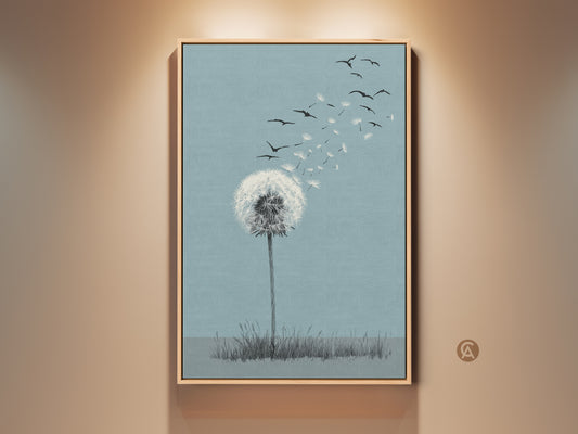 Minimalist dandelion seed art print for serene wall decor. A flock of birds accompany the dandelion seeds in this sky blue botanical canvas art. Perfect housewarming gift that adds a touch of nature to any room. This Scandinavian home art brings hope and dreams to your living space.