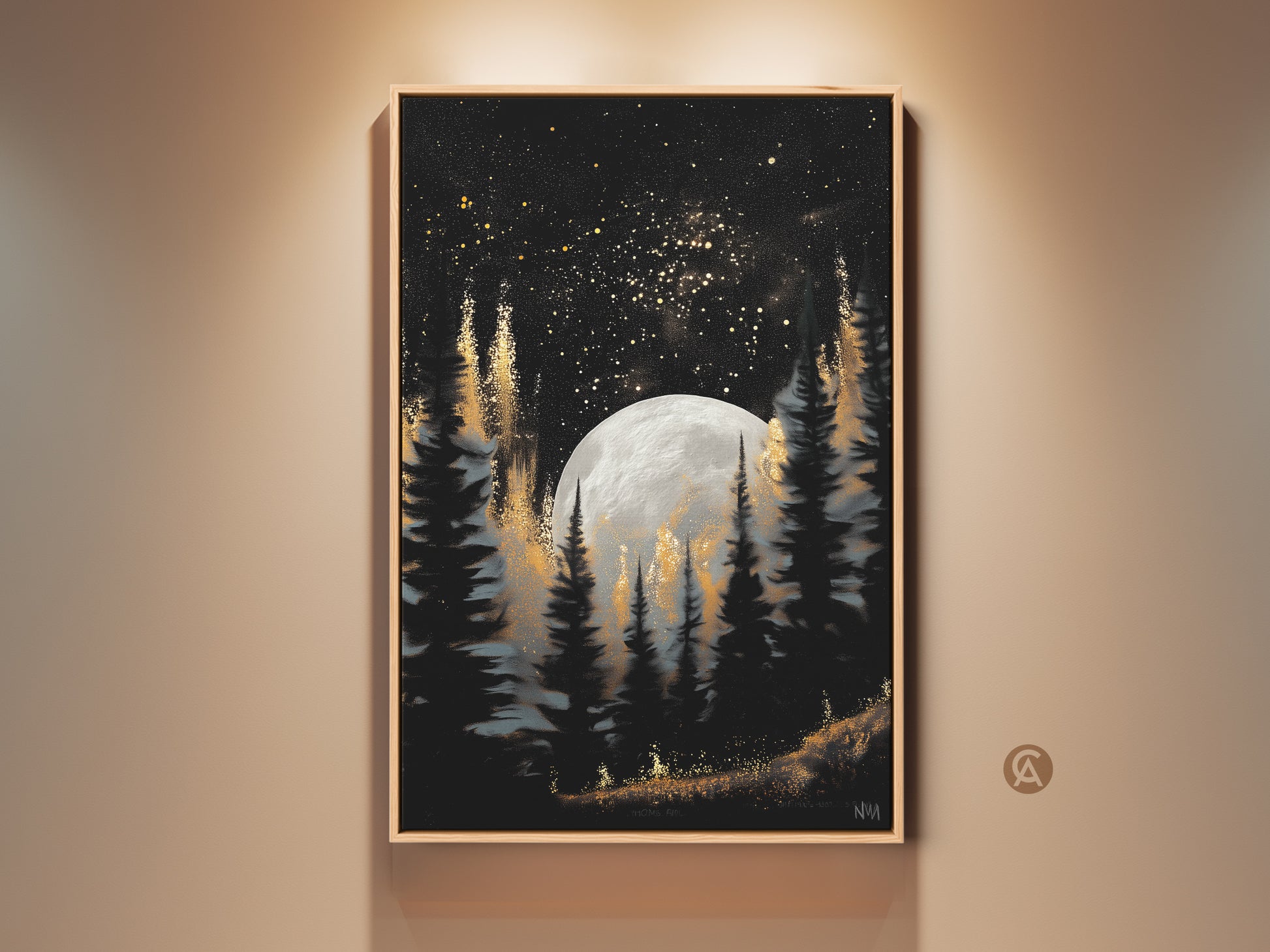 Elevate your decor with this gold galaxy forest art print. It features a celestial moon and pine trees against a dark night sky. This artwork brings a touch of eclectic charm to any room. It's perfect for dark academia or fantasy-themed spaces. A unique and mystical piece for your home.