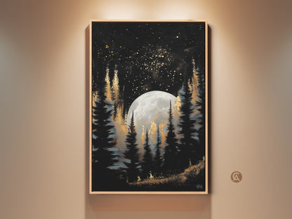 Elevate your decor with this gold galaxy forest art print. It features a celestial moon and pine trees against a dark night sky. This artwork brings a touch of eclectic charm to any room. It's perfect for dark academia or fantasy-themed spaces. A unique and mystical piece for your home.