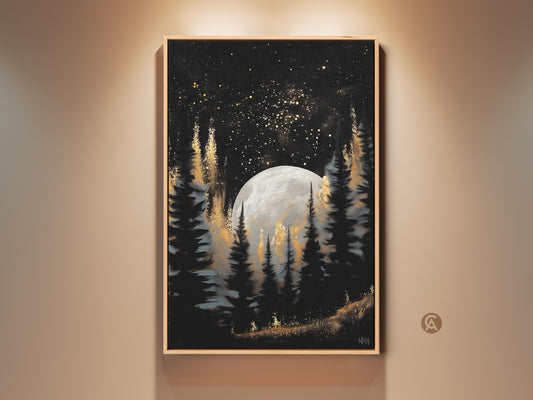 Elevate your decor with this gold galaxy forest art print. It features a celestial moon and pine trees against a dark night sky. This artwork brings a touch of eclectic charm to any room. It's perfect for dark academia or fantasy-themed spaces. A unique and mystical piece for your home.
