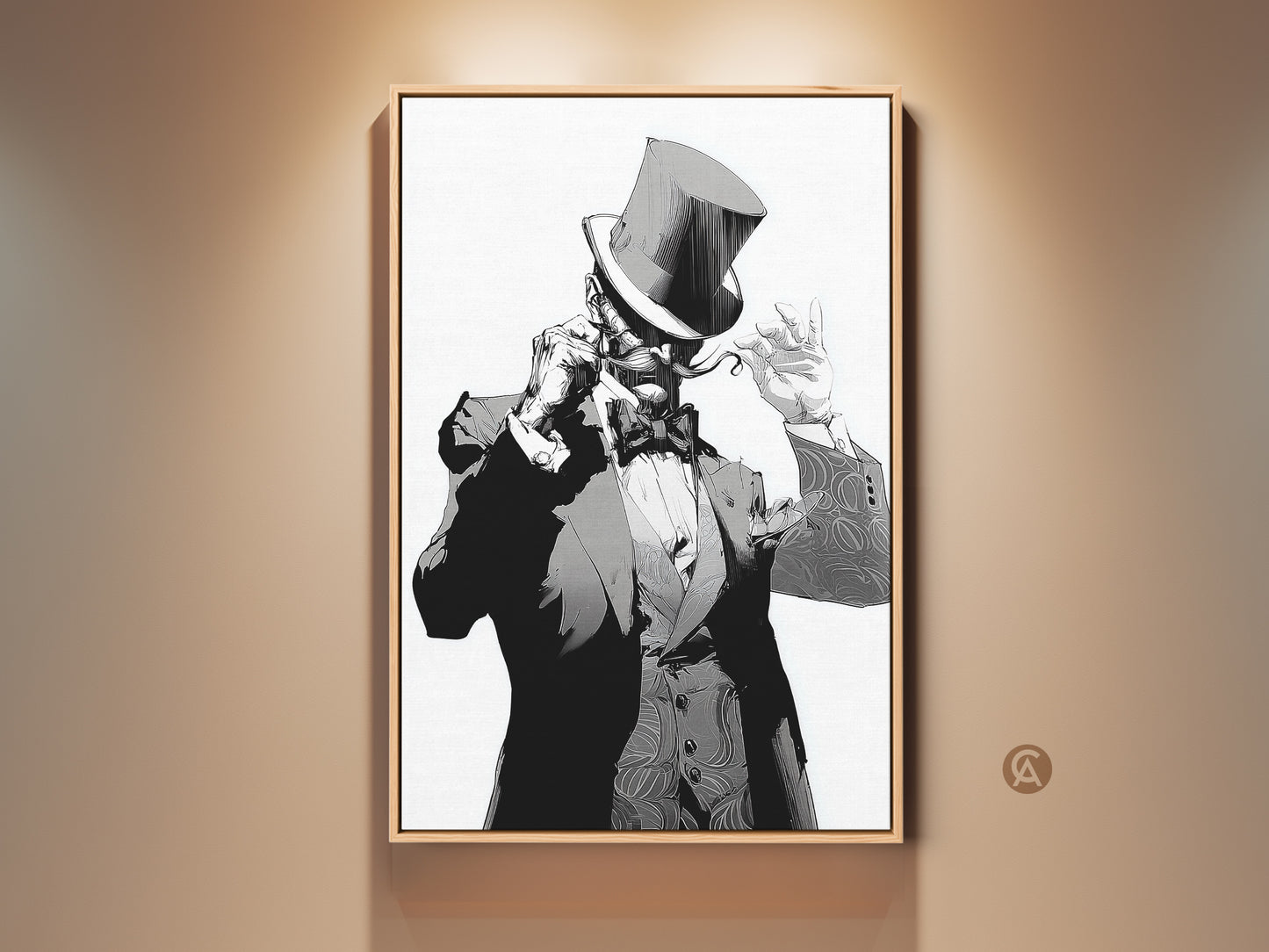 Art Deco gentleman canvas print for sophisticated decor. A vintage-style character artwork features a man in a top hat. Perfect eclectic wall decor for a study room or stylish man cave. This monochrome character painting is a unique gift for art lovers. A ready-to-hang premium canvas art print.