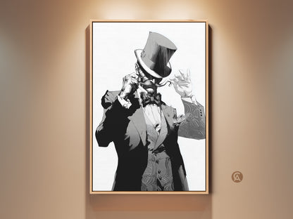 Art Deco gentleman canvas print for sophisticated decor. A vintage-style character artwork features a man in a top hat. Perfect eclectic wall decor for a study room or stylish man cave. This monochrome character painting is a unique gift for art lovers. A ready-to-hang premium canvas art print.