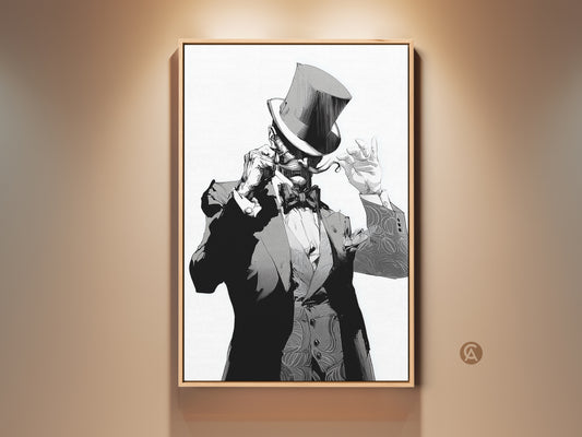 Art Deco gentleman canvas print for sophisticated decor. A vintage-style character artwork features a man in a top hat. Perfect eclectic wall decor for a study room or stylish man cave. This monochrome character painting is a unique gift for art lovers. A ready-to-hang premium canvas art print.