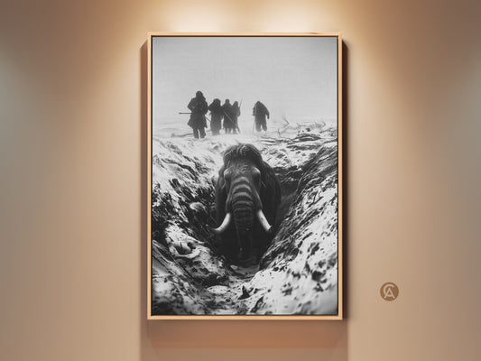 A vintage black and white photograph captures a woolly mammoth. The mammoth is in a trench with Arctic explorers standing in the snowy distance. This canvas print brings a sense of history and adventure. Perfect wall art for an eclectic study or a unique gift for a history buff.