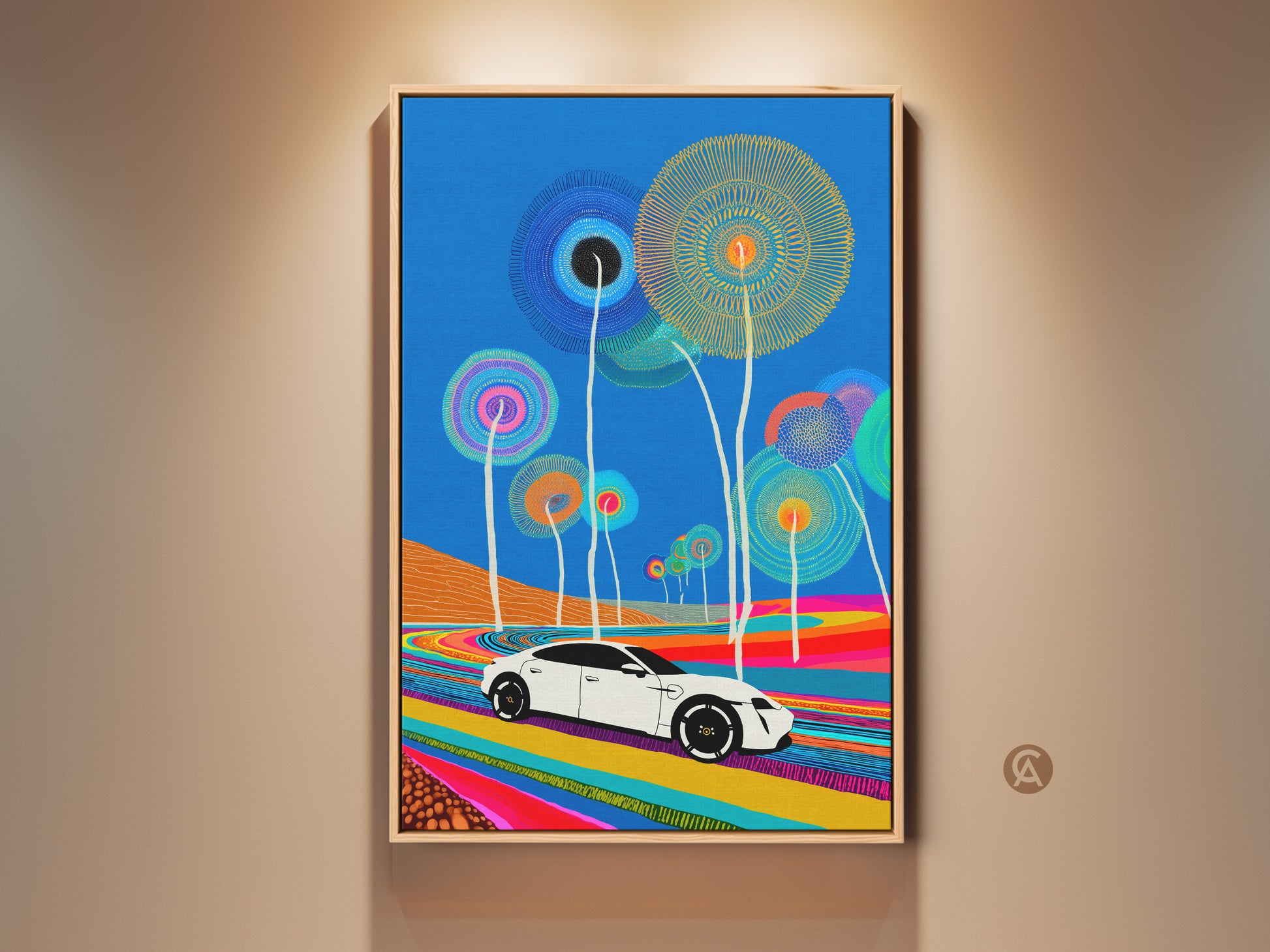 Vibrant modern artwork featuring a sleek electric car on a colorful road. The abstract blue backdrop includes whimsical floral-like elements. This colorful car landscape print adds contemporary style. Perfect housewarming gift for art & car lovers wanting eclectic home decor.