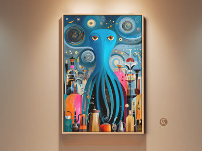 A teal and orange octopus art print hangs in a warmly lit room. This mid-century modern artwork adds retro surrealism to kitchen wall decor. The abstract coffee art complements eclectic home styles with its colorful and unique aesthetic. This canvas print is perfect for coffee lovers and eclectic bar decor.