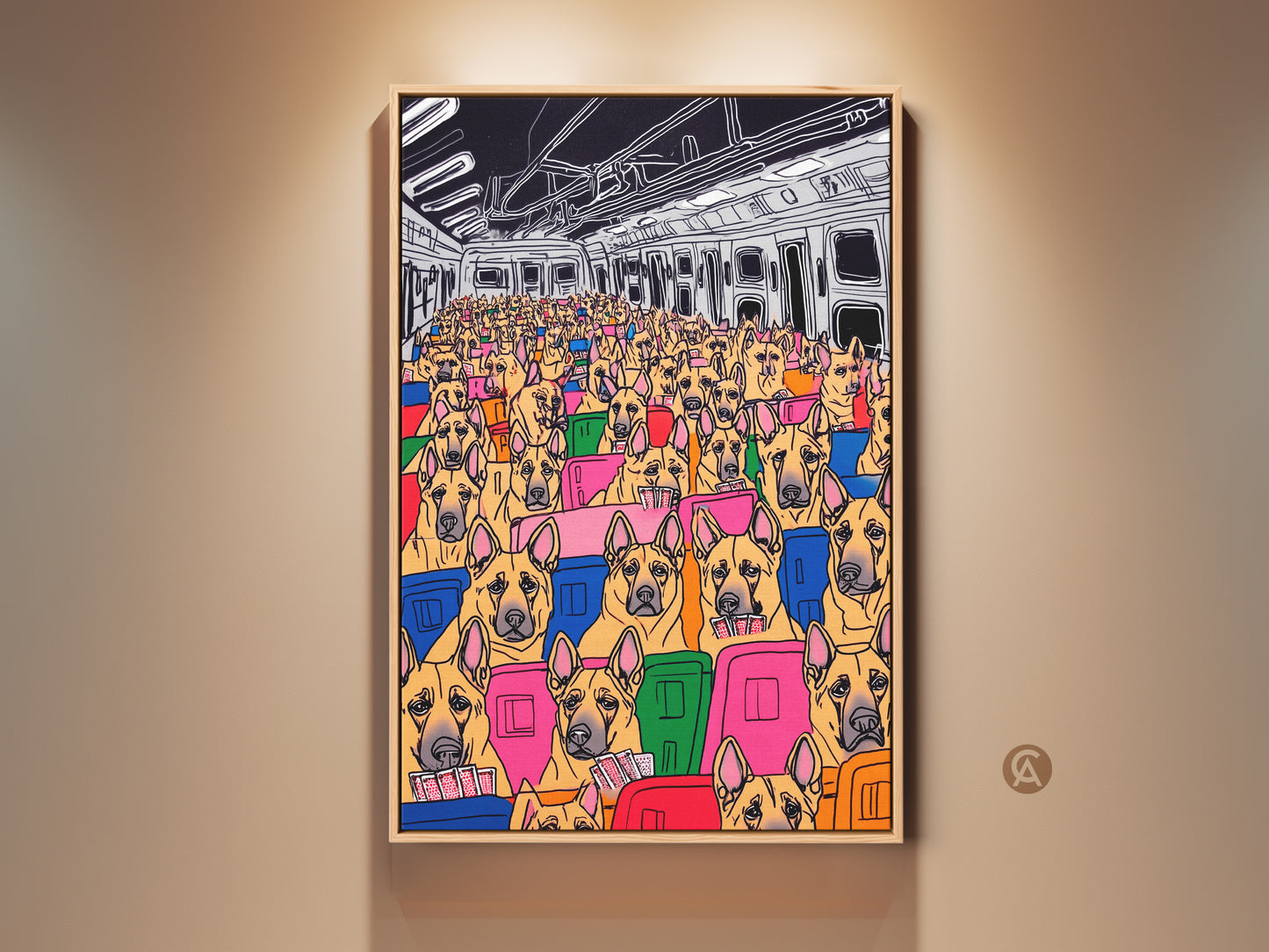 This vibrant pop art canvas features a cartoon dog subway scene. Many dogs fill the subway car in an eclectic mix of yellow blue and pink. This artwork will add a humorous touch to your home decor. A perfect dog lover gift.