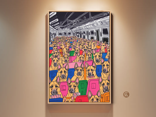 This vibrant pop art canvas features a cartoon dog subway scene. Many dogs fill the subway car in an eclectic mix of yellow blue and pink. This artwork will add a humorous touch to your home decor. A perfect dog lover gift.