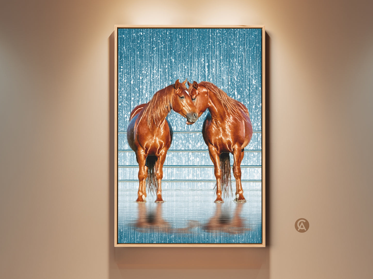 Two brown horses stand nose to nose in this beautiful canvas print. The artwork features a textured blue background with white speckles and a water reflection. It adds rustic charm and natural beauty to any home. This piece is an ideal gift for horse lovers and equestrian art enthusiasts.