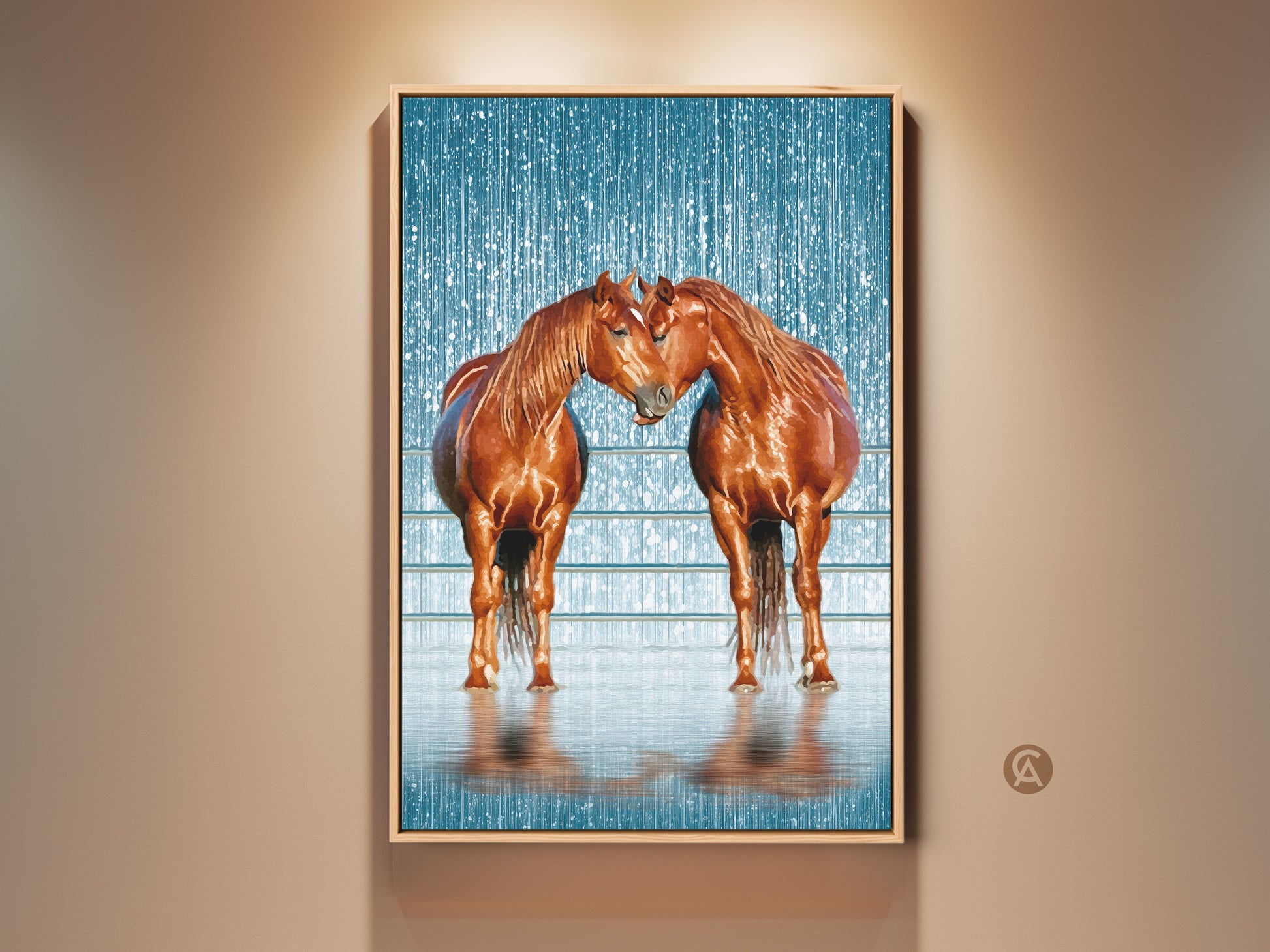 Two brown horses stand nose to nose in this beautiful canvas print. The artwork features a textured blue background with white speckles and a water reflection. It adds rustic charm and natural beauty to any home. This piece is an ideal gift for horse lovers and equestrian art enthusiasts.