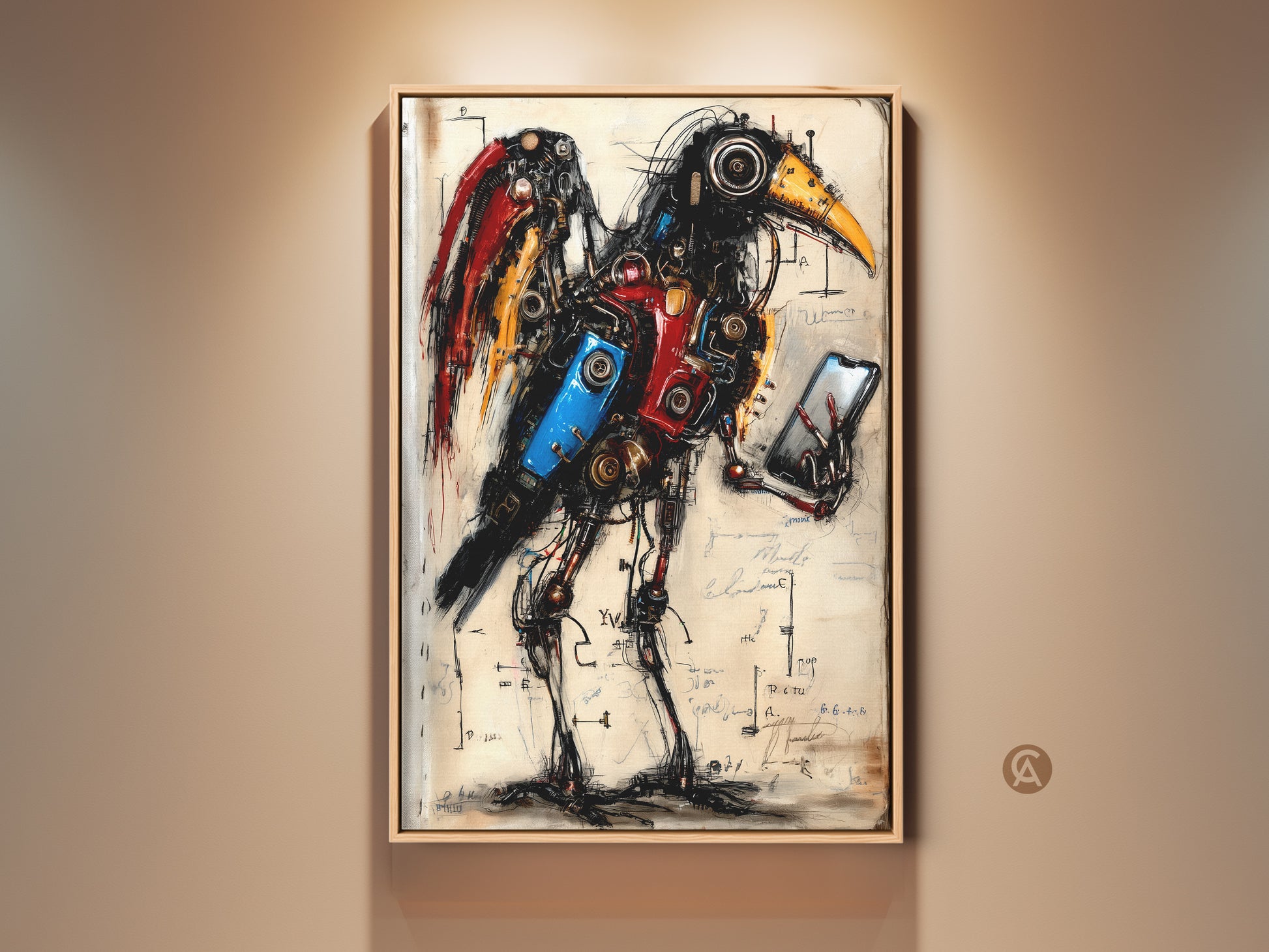 Steampunk Mechanical Bird art print. This surreal fantasy animal artwork features red yellow and blue colors. This piece is a unique office decor item. A perfect gadget lover gift idea. The blueprint style adds an industrial touch.