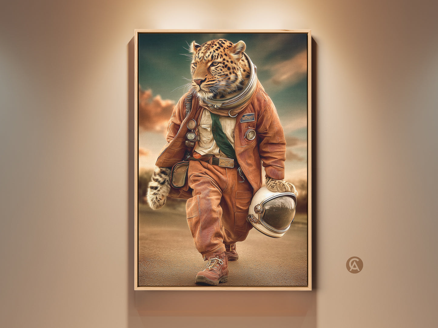 A surreal digital art canvas print features a leopard in an astronaut suit. This piece embodies adventure and the cosmos. Set against an atmospheric backdrop it adds an eclectic touch. It makes an ideal gift for adventure seekers and art lovers. A unique focal point for your office or living room.