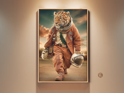 A surreal digital art canvas print features a leopard in an astronaut suit. This piece embodies adventure and the cosmos. Set against an atmospheric backdrop it adds an eclectic touch. It makes an ideal gift for adventure seekers and art lovers. A unique focal point for your office or living room.