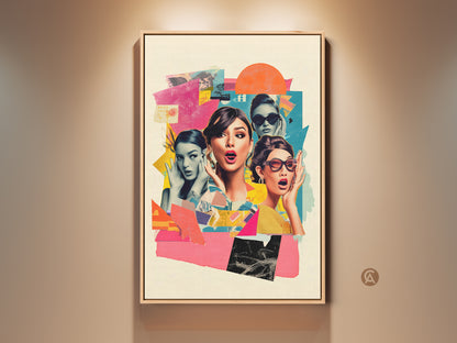 Framed retro pop art collage print. It features surprised women with pink yellow and blue accents. Eclectic wall art brings vintage fashion to modern home decor. A unique birthday gift for her.