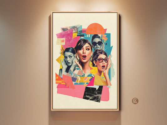 Framed retro pop art collage print. It features surprised women with pink yellow and blue accents. Eclectic wall art brings vintage fashion to modern home decor. A unique birthday gift for her.