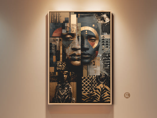 Framed eclectic canvas art print featuring an Afrofuturist face portrait. The artwork combines gold black abstract elements. Modern entryway decor for art enthusiasts. A unique housewarming gift.