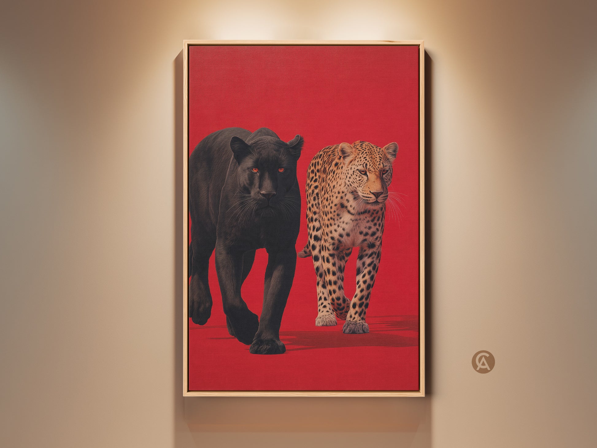 Framed artwork featuring a black panther and leopard against a red backdrop. The canvas art has a wooden frame. This striking animal art is perfect for adding drama to your gallery wall. Shop now for unique wildlife prints