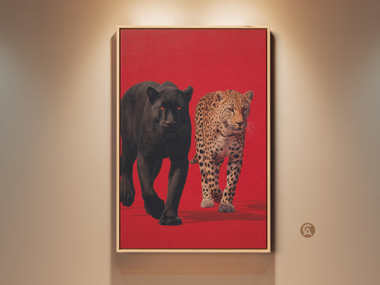 Framed artwork featuring a black panther and leopard against a red backdrop. The canvas art has a wooden frame. This striking animal art is perfect for adding drama to your gallery wall. Shop now for unique wildlife prints