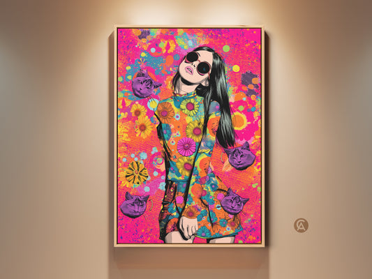 A vibrant Pop Art print features a woman with sunglasses and a floral dress. Surrounded by whimsical cat faces and psychedelic patterns this retro kitsch artwork adds color. This art is perfect for eclectic home decor or as a unique gift for cat lovers.