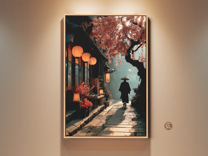 Experience the allure of Japan with this captivating Japandi wall art. A lone samurai graces a misty street framed by cherry blossoms. Warm orange tones enhance this serene scene. Perfect as oriental home decor or a thoughtful housewarming gift. It blends culture and nature into cozy home decor art.
