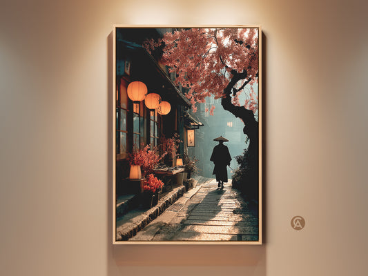 Experience the allure of Japan with this captivating Japandi wall art. A lone samurai graces a misty street framed by cherry blossoms. Warm orange tones enhance this serene scene. Perfect as oriental home decor or a thoughtful housewarming gift. It blends culture and nature into cozy home decor art.