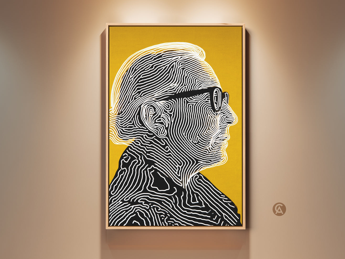 Framed portrait artwork featuring a man with glasses. The artwork is a line art illustration. It uses black and white lines on a yellow background. This modern art piece adds sophistication to any space. Buy this unique framed art today.
