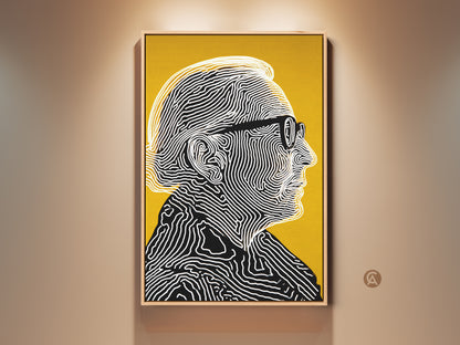 Framed portrait artwork featuring a man with glasses. The artwork is a line art illustration. It uses black and white lines on a yellow background. This modern art piece adds sophistication to any space. Buy this unique framed art today.