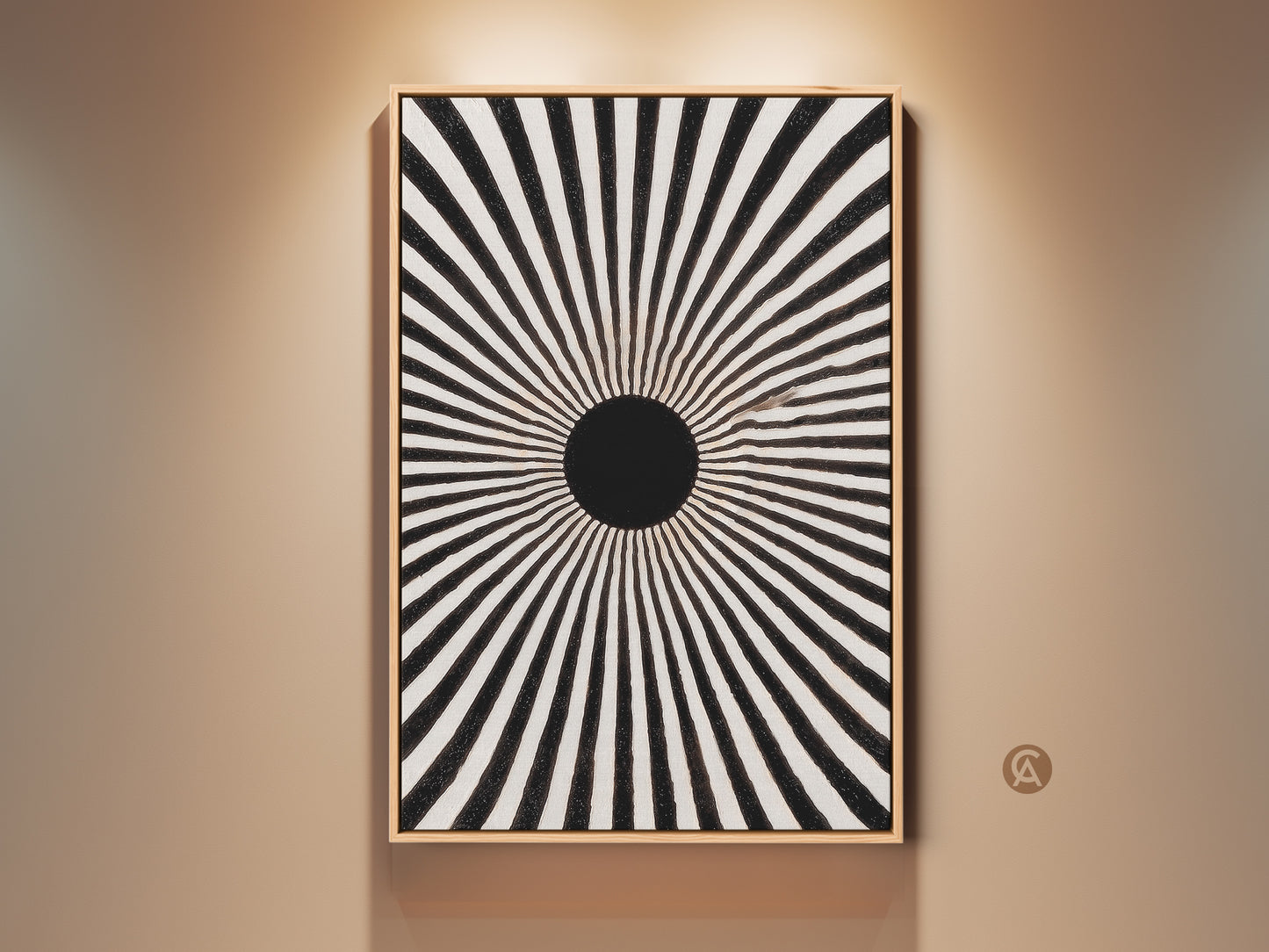 A striking abstract geometric wall art print. This mid-century sunburst canvas features a bold black and white minimalist design. The radial sunburst makes a great entry hall art piece. Consider this monochrome sunburst print a thoughtful housewarming gift. The artwork gives a sophisticated look to modern home decor.