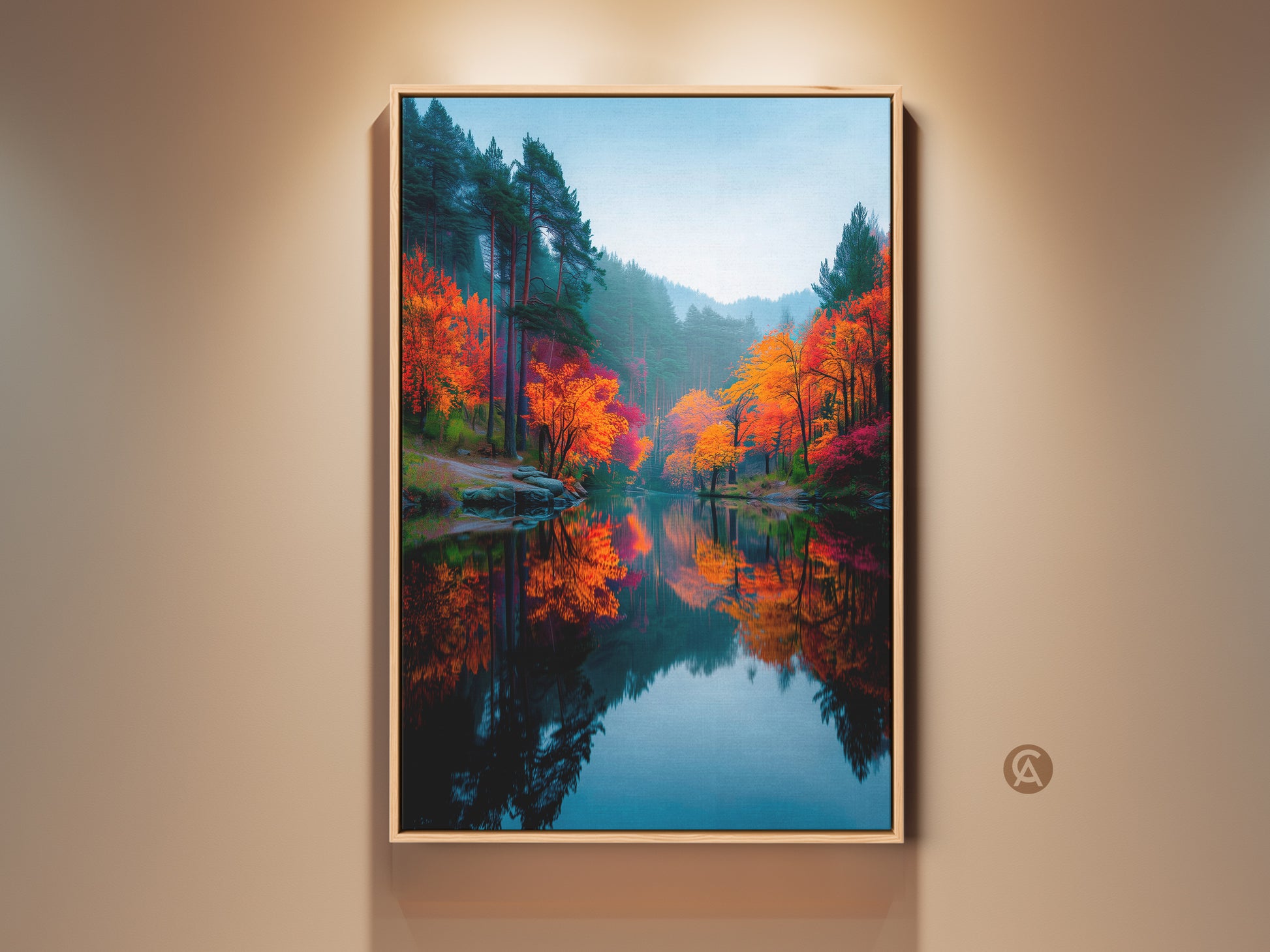 Framed forest landscape art for sale. Autumn trees reflect in the calm lake water. The wooden frame complements the nature artwork. Shop framed canvas prints for your home decor.