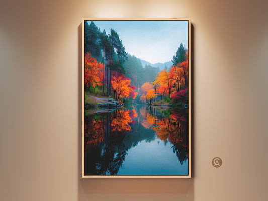 Framed forest landscape art for sale. Autumn trees reflect in the calm lake water. The wooden frame complements the nature artwork. Shop framed canvas prints for your home decor.