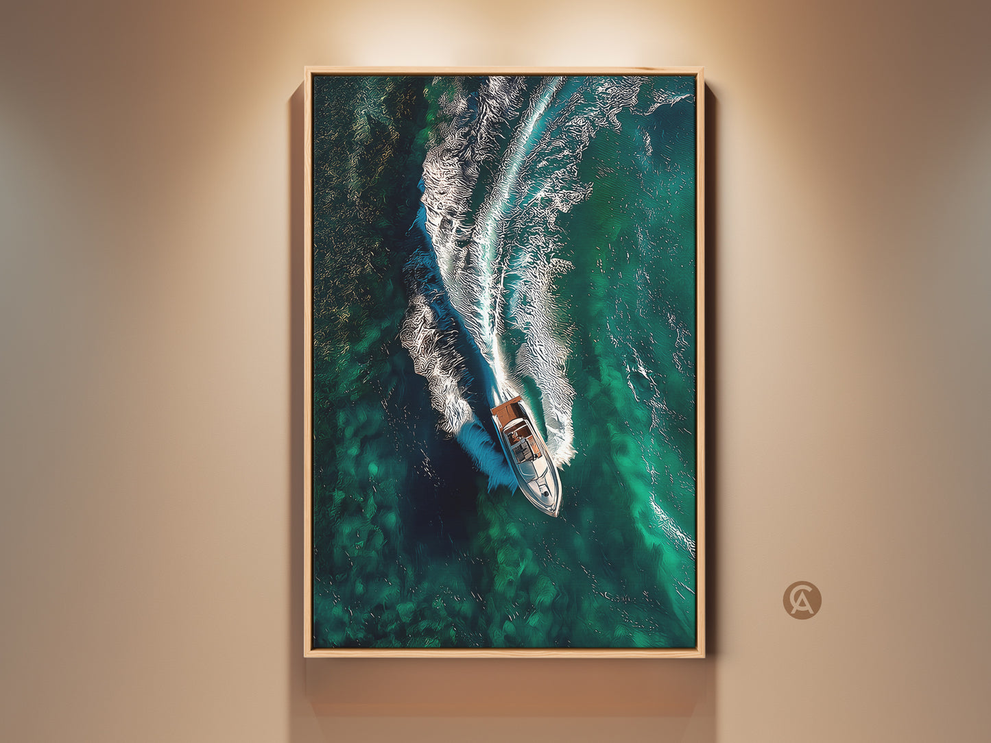 Experience the thrill of the sea with this speedboat art print. The aerial view captures a boat slicing through emerald green waves. This contemporary nautical artwork brings a touch of coastal living to any space. It is perfect for a modern home office or bedroom wall decor. A stunning piece for boat lovers seeking luxury travel inspired art.