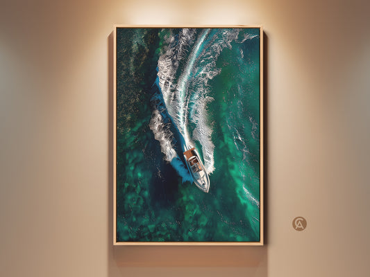 Experience the thrill of the sea with this speedboat art print. The aerial view captures a boat slicing through emerald green waves. This contemporary nautical artwork brings a touch of coastal living to any space. It is perfect for a modern home office or bedroom wall decor. A stunning piece for boat lovers seeking luxury travel inspired art.