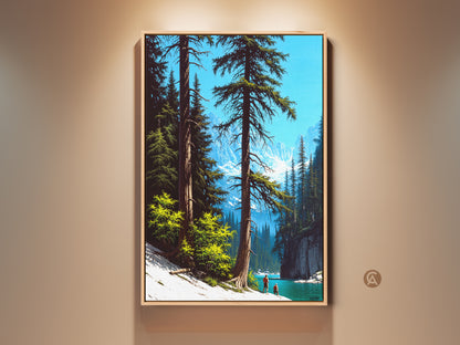 Rustic mountain lake canvas art is framed with a natural wood finish. Tall pine trees frame a bright sky blue lake. This scenic artwork is perfect for nature lovers. The serene wall decor brings a peaceful outdoor vibe into any home.  It captures a tranquil lakeside scene for residential spaces.