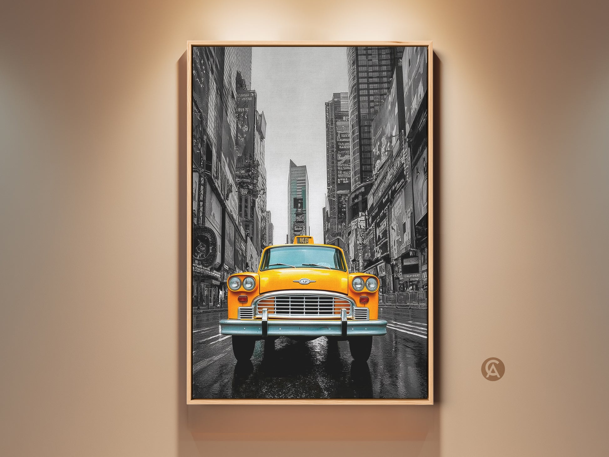 This canvas art features a vibrant yellow taxi in Times Square NYC. A striking contrast is present with the black and white cityscape. Perfect retro home gift or contemporary wall decor. A premium canvas print ready to hang. Ideal for any space needing an urban nostalgic touch.