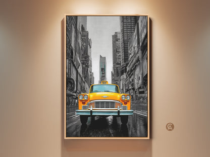 This canvas art features a vibrant yellow taxi in Times Square NYC. A striking contrast is present with the black and white cityscape. Perfect retro home gift or contemporary wall decor. A premium canvas print ready to hang. Ideal for any space needing an urban nostalgic touch.