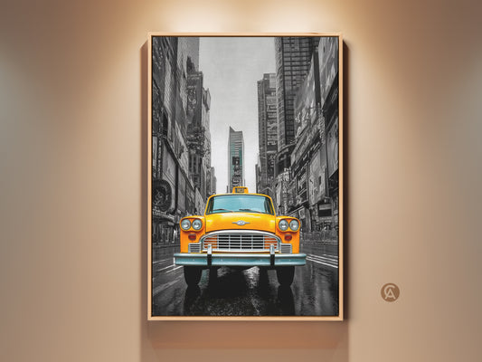 This canvas art features a vibrant yellow taxi in Times Square NYC. A striking contrast is present with the black and white cityscape. Perfect retro home gift or contemporary wall decor. A premium canvas print ready to hang. Ideal for any space needing an urban nostalgic touch.