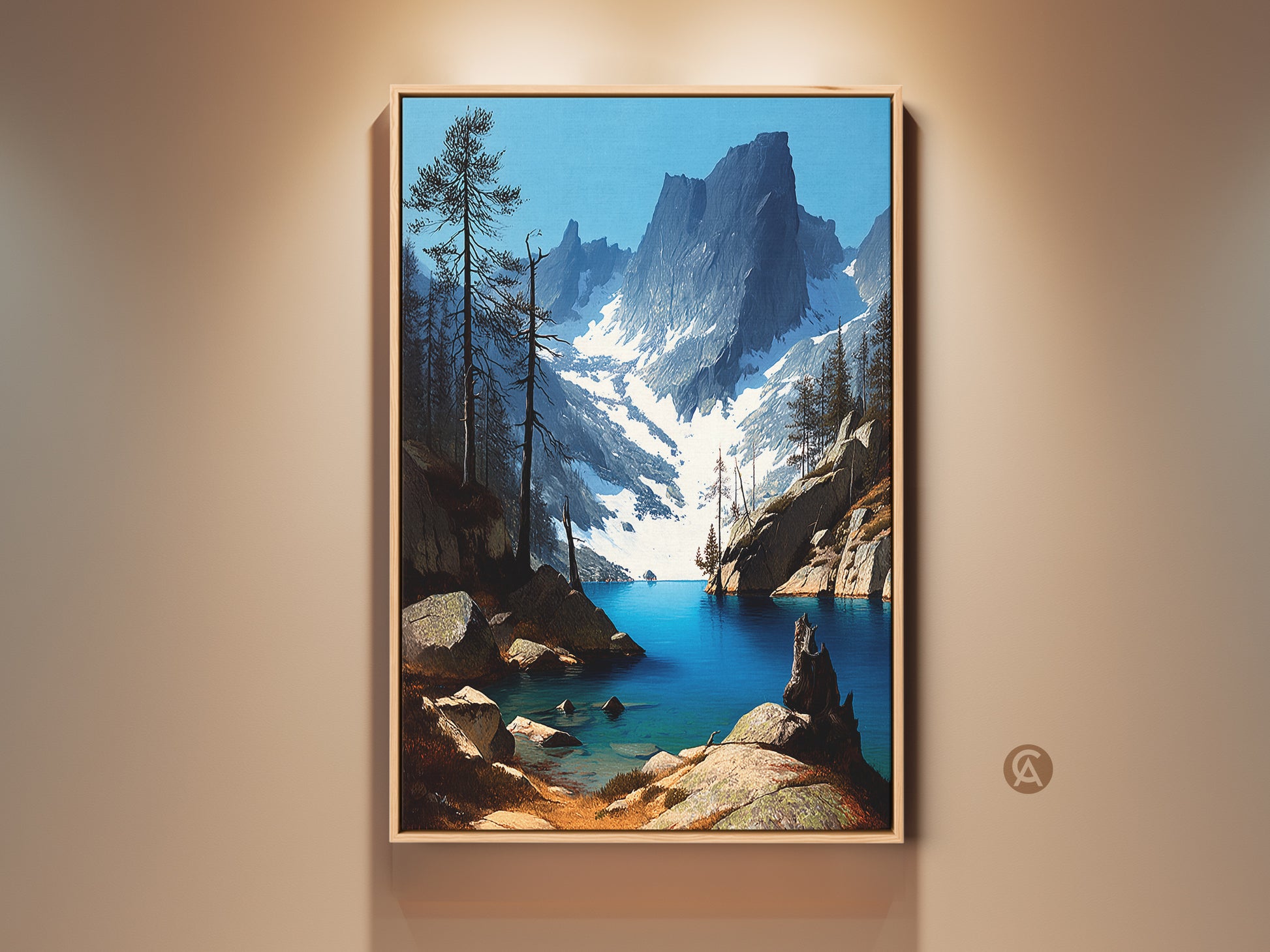 Rustic mountain lake canvas art print in a floating frame. The deep blue pine forest landscape wall decor creates a serene ambiance. A realistic nature artwork bringing the outdoors into your home. This piece is perfect for cabin decor or a housewarming gift for him.