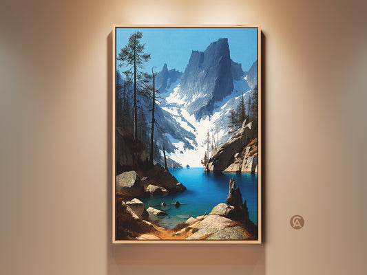 Rustic mountain lake canvas art print in a floating frame. The deep blue pine forest landscape wall decor creates a serene ambiance. A realistic nature artwork bringing the outdoors into your home. This piece is perfect for cabin decor or a housewarming gift for him.