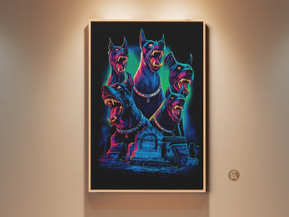 Framed Gothic Cerberus artwork. This neon blue & electric pink canvas print features a dark fantasy mythology dog. Perfect mythology decor for a man cave or den. The art has a cemetery theme. The colors pop and make it a unique Halloween decor art piece.
