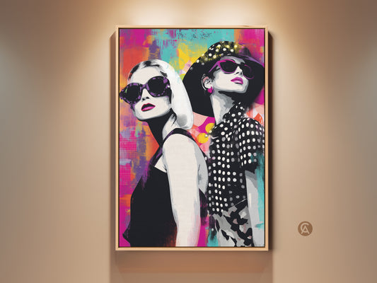 Contemporary pop art canvas print featuring fashionable women with sunglasses. The vibrant abstract background blends magenta teal and yellow tones. A chic addition to bedroom decor or a stylish gift for a fashion lover. This modern artwork brings a pop of color and flair to any space. It is ready to hang.