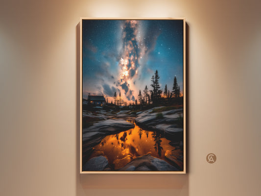 Night sky canvas art featuring the Milky Way galaxy reflected in a still pond. This astrophotography cabin landscape artwork offers orange yellow and blue hues. The wall decor would make a unique housewarming gift.