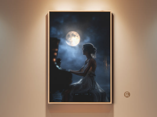 Experience the Dreamy Moonlit Piano Woman Art Print. This romantic music canvas wall art features a pianist bathed in moonlight. The navy and white palette creates a serene atmosphere perfect for bedroom decor. It's an ideal anniversary gift offering an elegant touch of musical inspiration for home residential wall art.