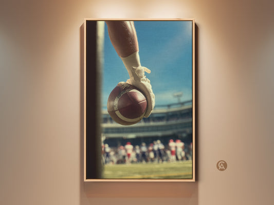 American Football Canvas Print for sports fans. Vintage action photography captures a player holding the ball. Perfect office wall art or man cave decor. A great Father's Day gift idea with a retro football poster aesthetic. This artwork blends with modern wall art and vintage decor.